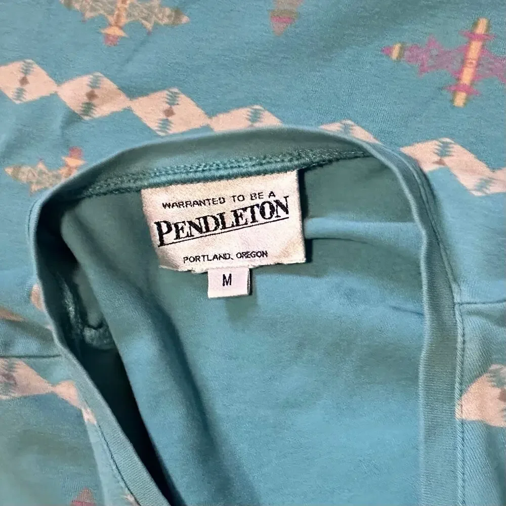 Pendleton Aztec Print V Neck Shirt Womens M 3/4 Sleeve Blue Teal Southwestern - Picture 6 of 6